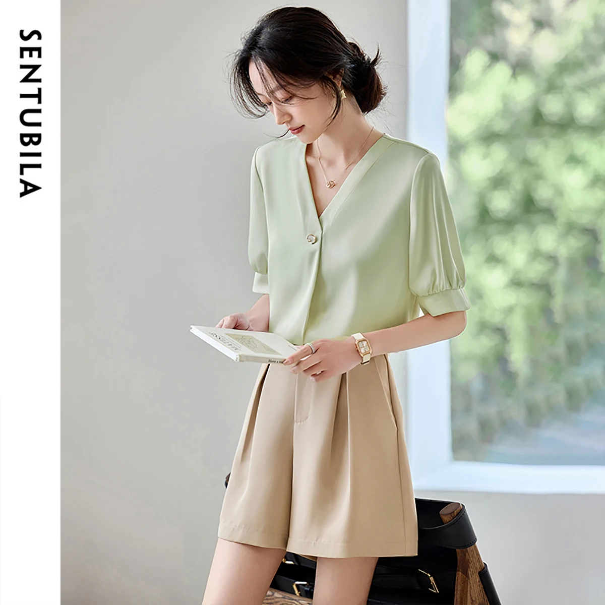 SENTUBILA High Quality Satin Blouse for Women 2025 Summer V Neck Chic Button Princess Sleeve Officewear Comfort Shirt 152V80192