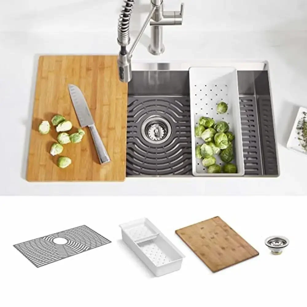 33" Single Bowl Stainless Steel Garbage Disposal Workstation 3/4HP Induction Motor 1-hole Task Sink Grid Drain 26 oz Grind