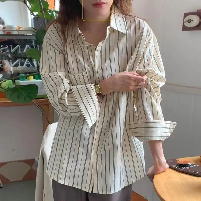 

HOUZHOU Basic Striped Shirts Women Long Sleeve Korean Style Casual Blouse Vintage Elegant Chic Aesthetic Trends Spring Fashion