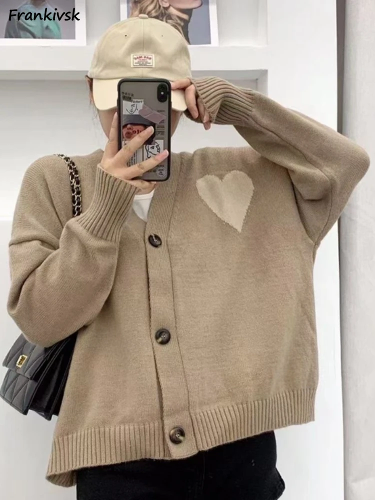 

Cropped Cardigan Women Fashion Heart-shaped Long Sleeves Autumn Leisure Advanced Elegant Schoolgirl Daily Baggy Knitted Clothes