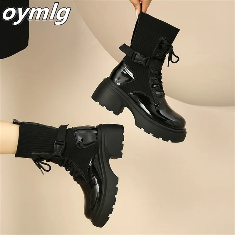 Lace up Women's Boots 2023 Autumn/Winter New Thick Sole Thick Heel Medium Slender Boots Knitted Short Boots Casual Shoes