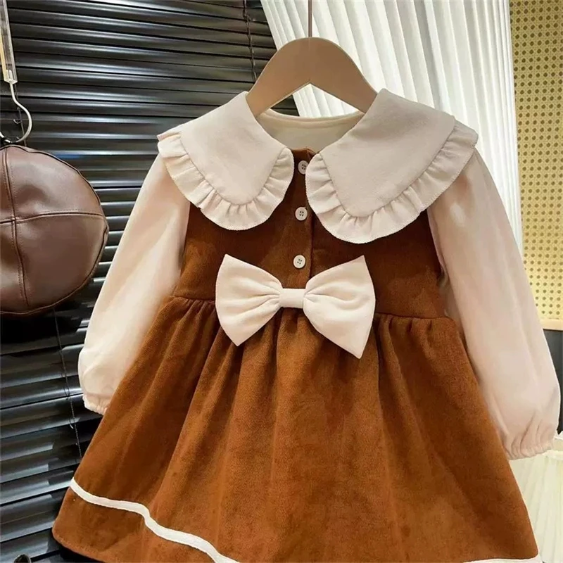 

Модное плюшевое платье для девочек, осень и зима, новое корейское издание, детское платье принцессы с кукольным воротником и бантом