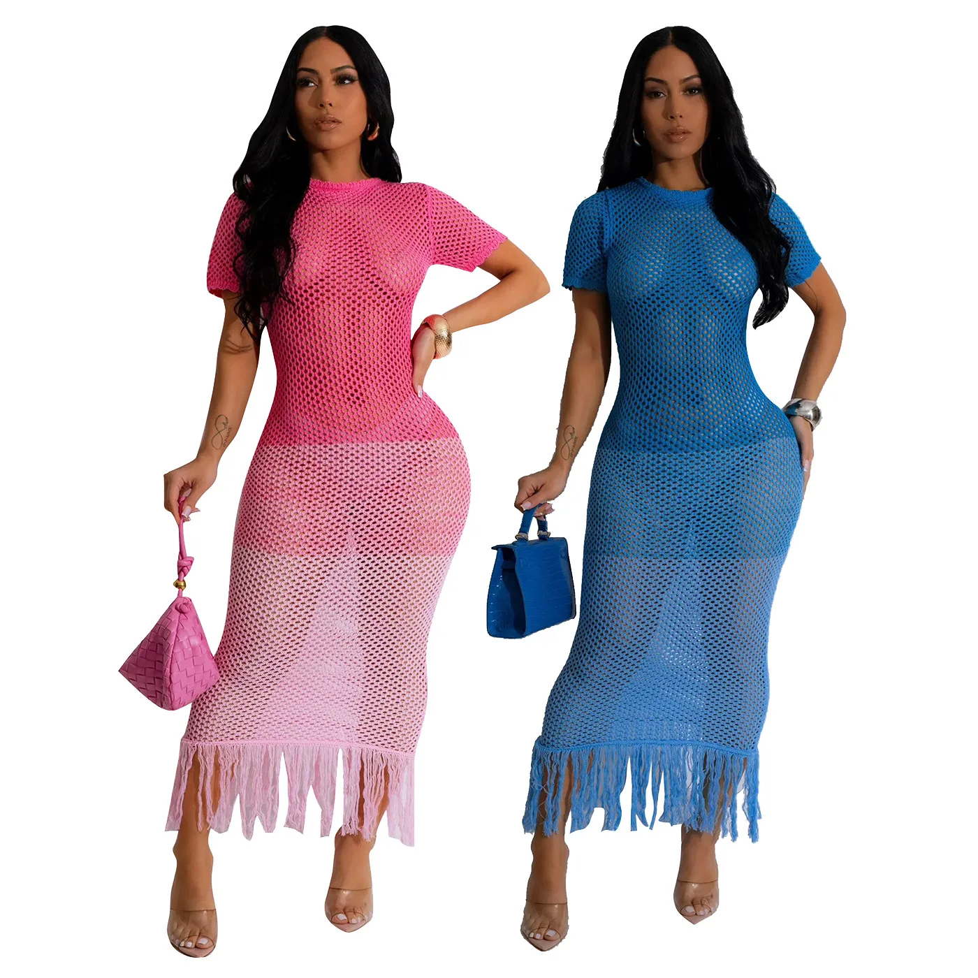 

Summer Gradient Knitting Women Dress Holidays Beach Dresses Tassels Short Sleeves Club Nightclub Gowns