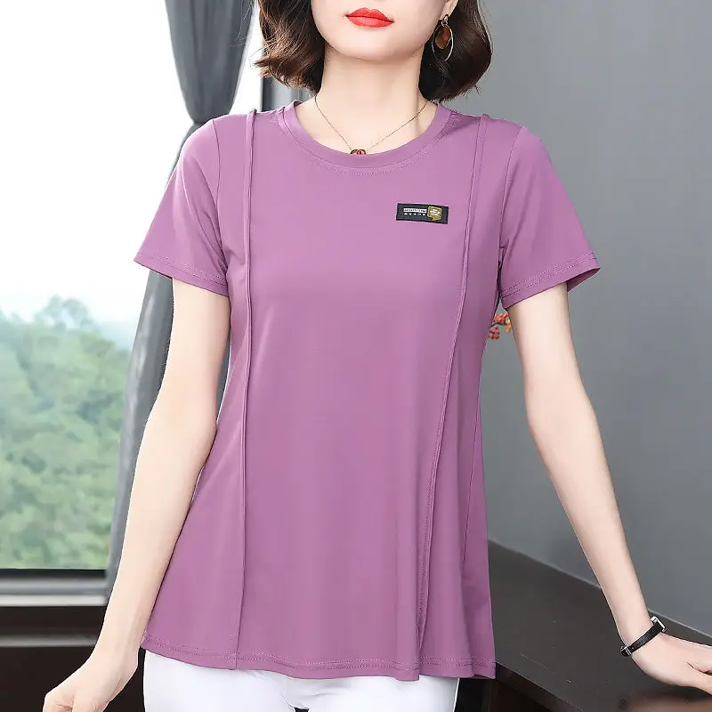 

Casual Three-dimensional Decoration Patchwork Crumpled T-Shirt Simplicity Summer Round Neck Loose Short Sleeve Midi Tops Women's