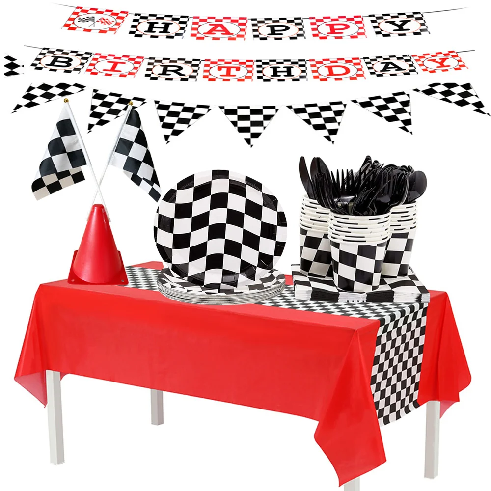 

Hot Wheels Birthday Supplies Racing Car Theme Party Decor Checkered Flag Traffic Cone Banner Tableware Tablecloth Knife fork