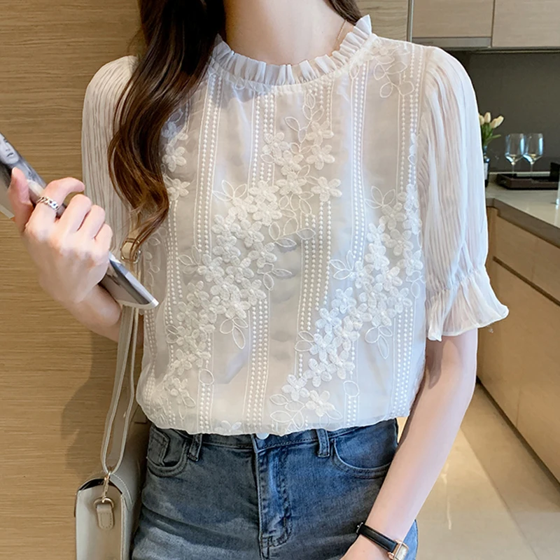 Summer Women Blouse Short Sleeve Embroidery Lace Chiffon Blouse Shirt Blouse Women Blusas Mujer De Moda 2025 Blouses Femme 18927