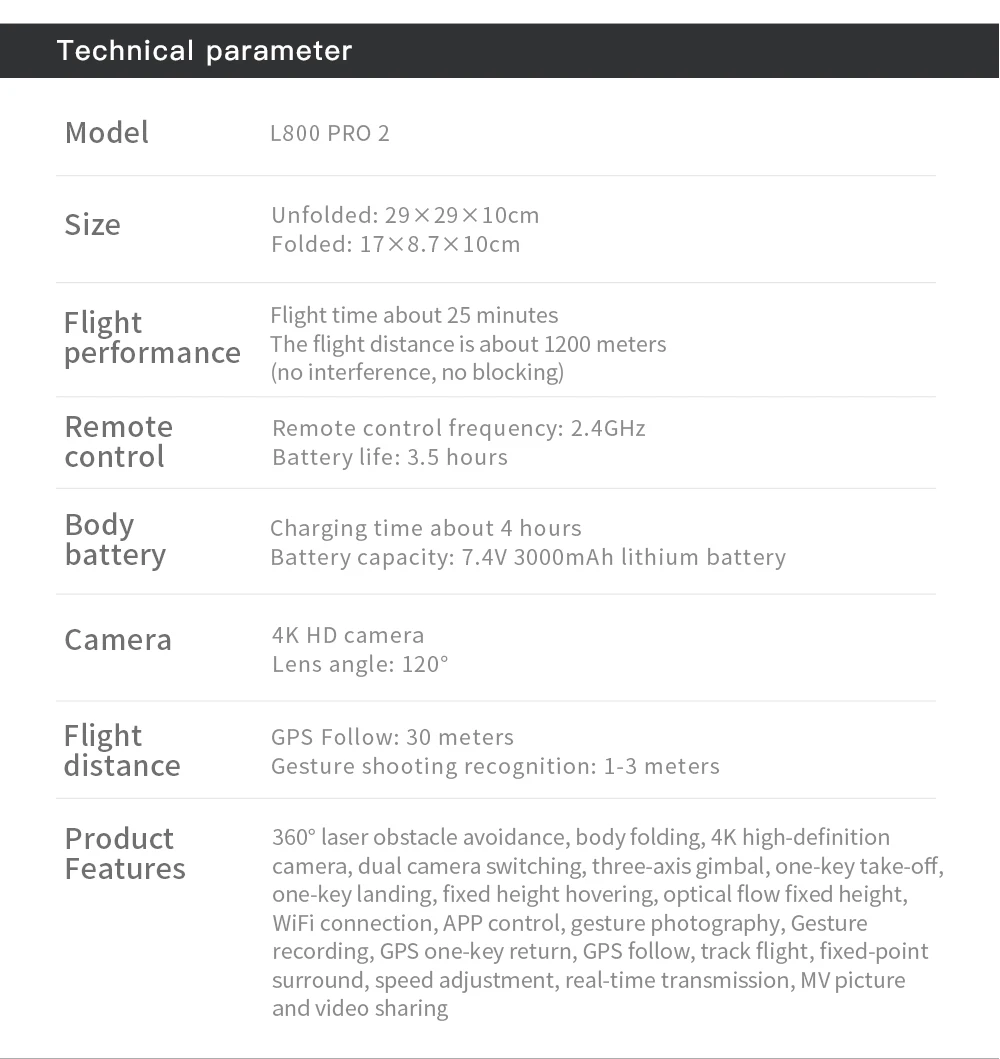 L800 Pro 2 Drone, camera; dual camera switching; three-axis gimbal, one take-off