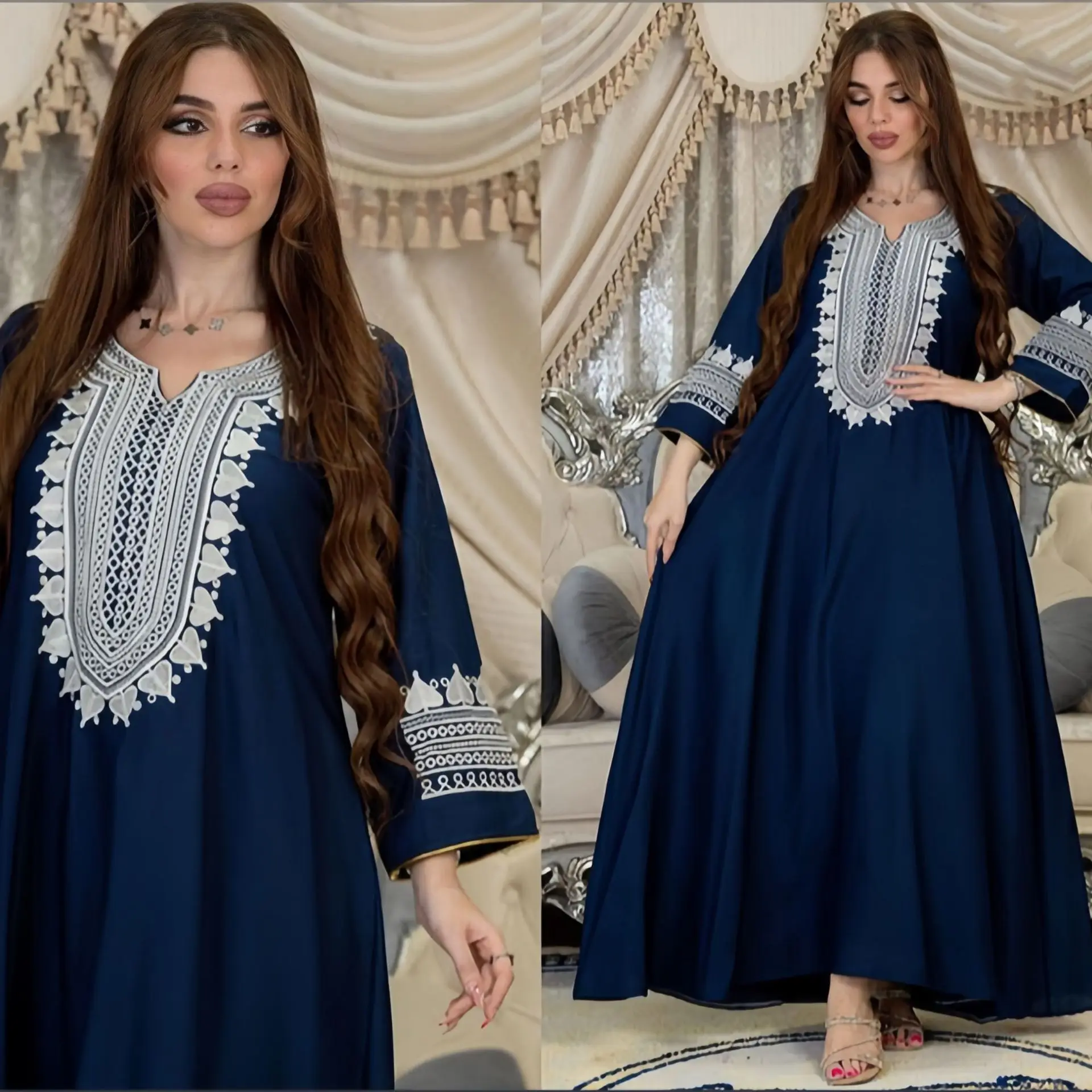 

Modest Fashion Abaya Islamic Chic Solid Embroidery Notched V-Neck Full Sleeve Casual Indian Long Dresses Muslims Womens
