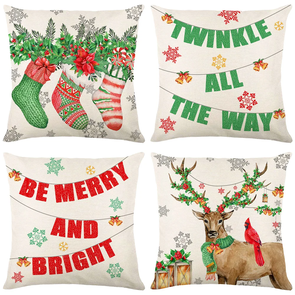 

45cm Christmas Linen Pillowcase Elk Xmas Stocking Sofa Cushion Cover Merry Christmas New Year Home Car Decorative Pillow Case