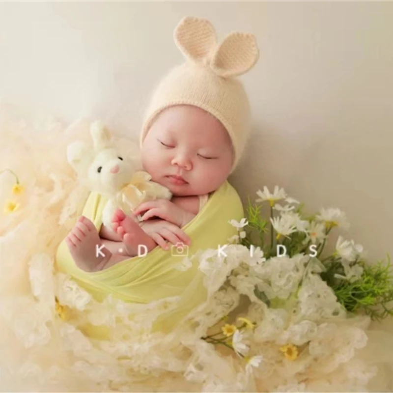 Dvotinst Newborn Baby Photography Props Cute Bunny Doll Hat Theme Wrap Floral Fotografia Photoshoot Studio Shooting Photo Props