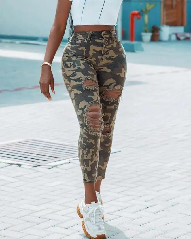 

High Waist Pencil pants Women Fashion Plus Size Camouflage Stylish Skinny Army Green Jeans Pants Women w841