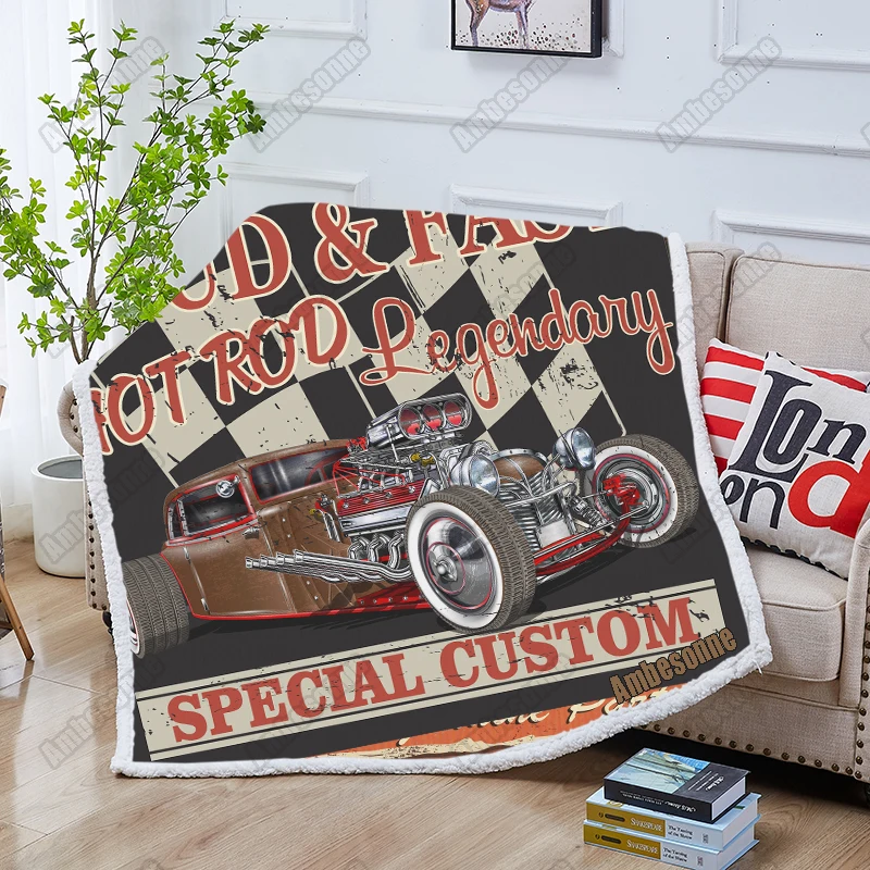 

Customize Warm Fluffy Blanket Vintage Hot Rod Garage Poster Winter Throw Blanket for Sofa Sherpa Bed Blankets Plush Mantas