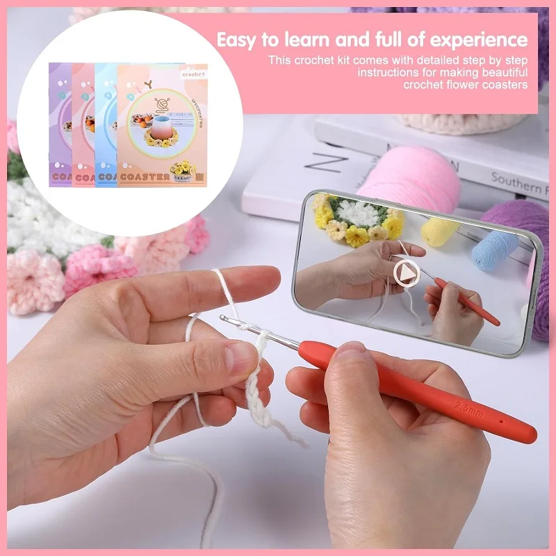 BUDDUR 4Pcs Flower Coaster Crochet Knitting Kit With Manual And Cotton Yarn Thread DIY Handmade Craft Accessories Tools Set