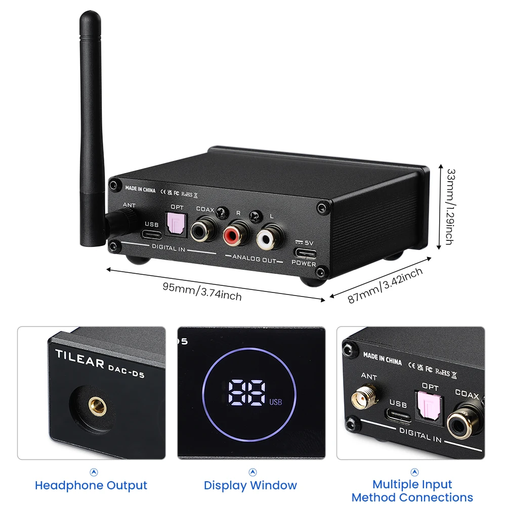 AIYIMA Audio DAC-D5 CSR8675 Bluetooth Receiver Decoder ES9038 DAC APTX-HD DAC Decoder Headphone Amp Support USB Optical Coaxial