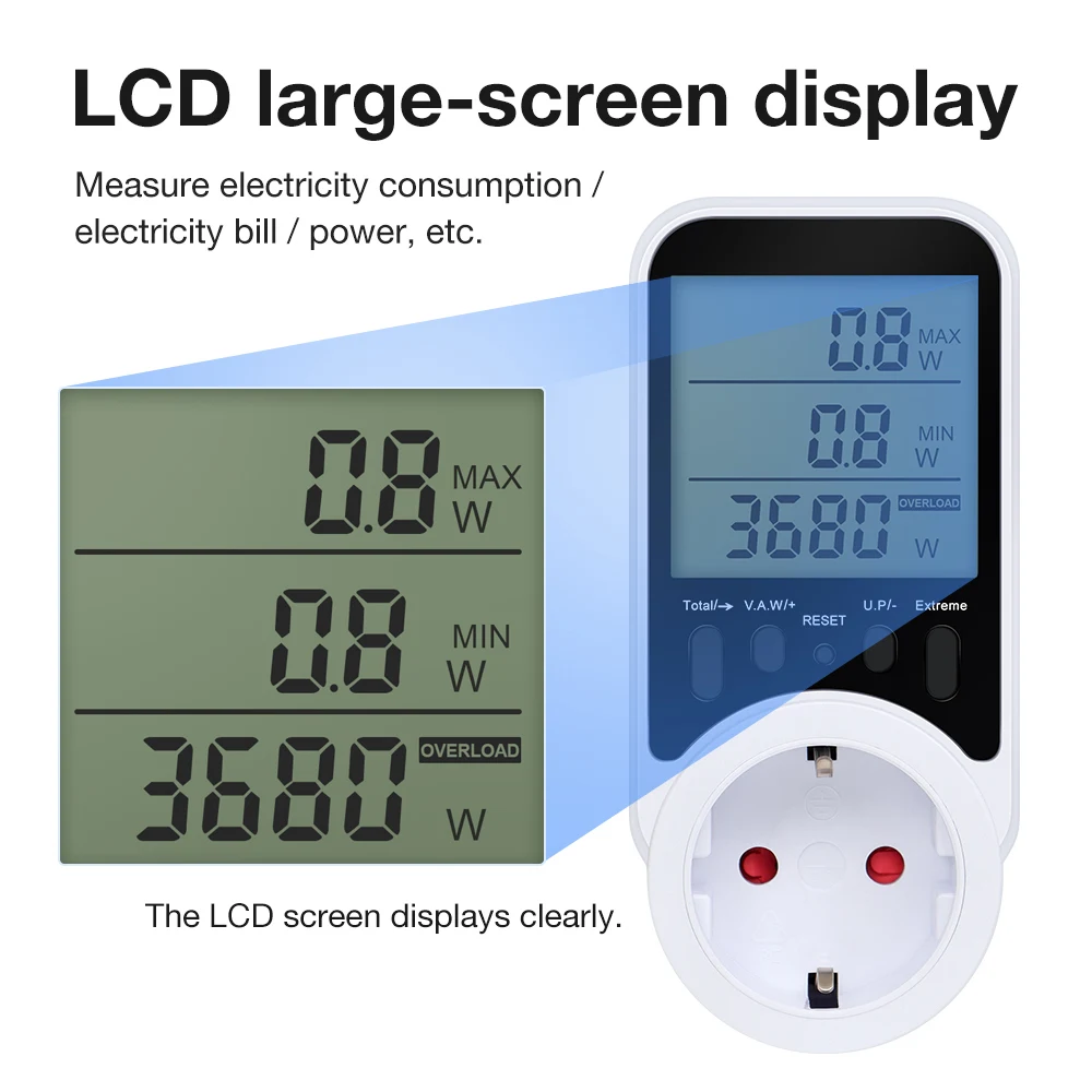 AC Power Meter Socket LCD Display Wattmeter Energy Tester KWH Electricy Consumption Metering Current Voltage Power Monitor