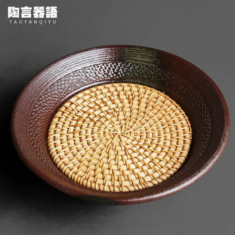 

Wood burning fire marks glaze rock mine clay material teapot base rattan pad with water storage coffee table pot bearing