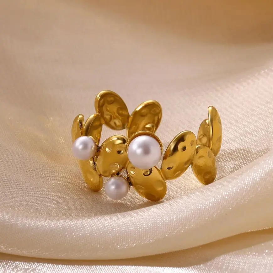 Luxury18K Gold Plated Stainless Steel Adjustable Irregular Peral Rings For Women