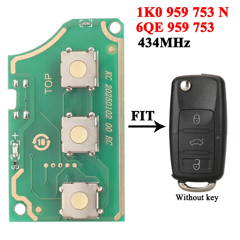 Jingyuqin 1K0 959 753 N สําหรับ VW Golf Jetta Golf Passat ด้วงรถ Flip Remote Key Circuit Board 6QE 959 753 434Mhz fob 3 ปุ่ม