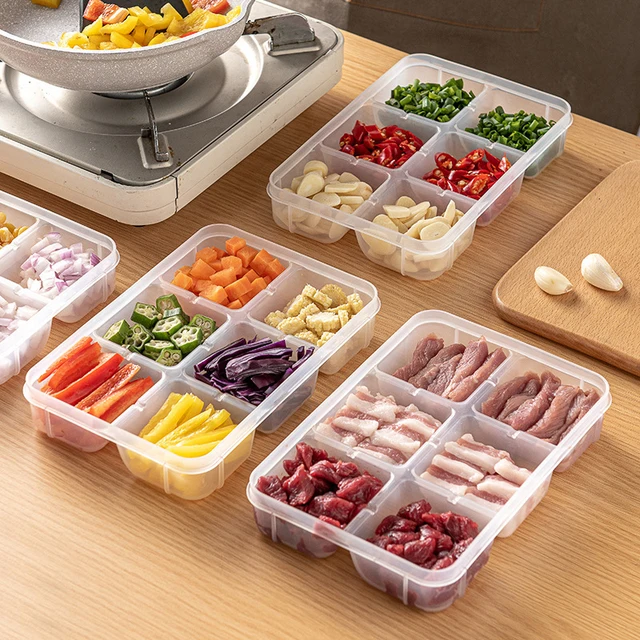 Boîte de rangement pour réfrigérateur à 6 compartiments, pour aliments, légumes et fruits, organisateur de réfrigérateur, panier de drainage, bac transparent pour viande, oignon, gingembre 1