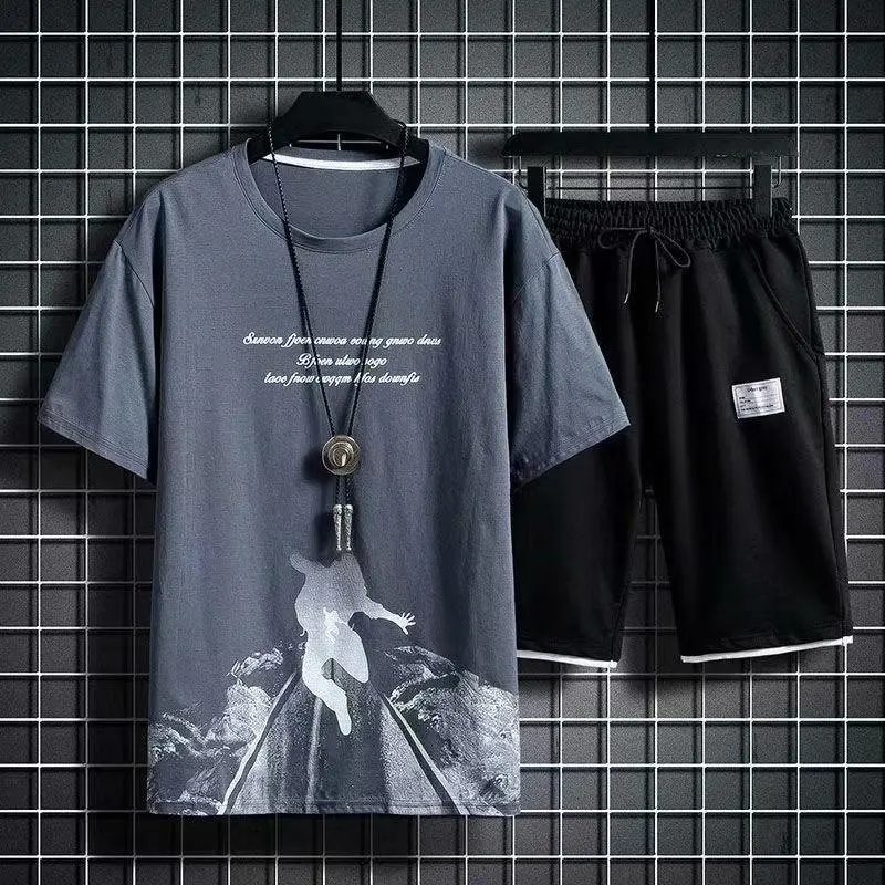 Mens T-shirt + Shorts Set Summer Breathable Casual T shirt Running Set Fashion Harajuku Printed Male Sport Suit 2022 New 14