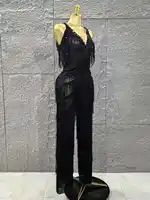 Combinaison moulante sans manches pour femmes, couleur noire, Sexy, col en v, glands brillants, tenue de scène pour fête d'anniversaire, performance 4