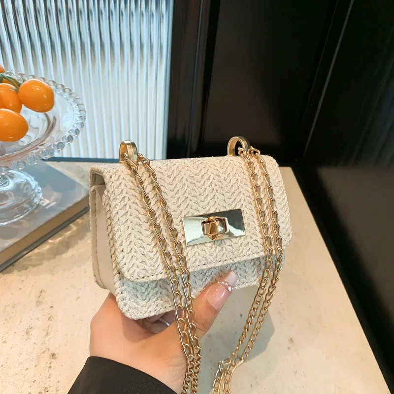 Fashion Crossbody Bag Straw Lock Closure Simple Small Square Bag