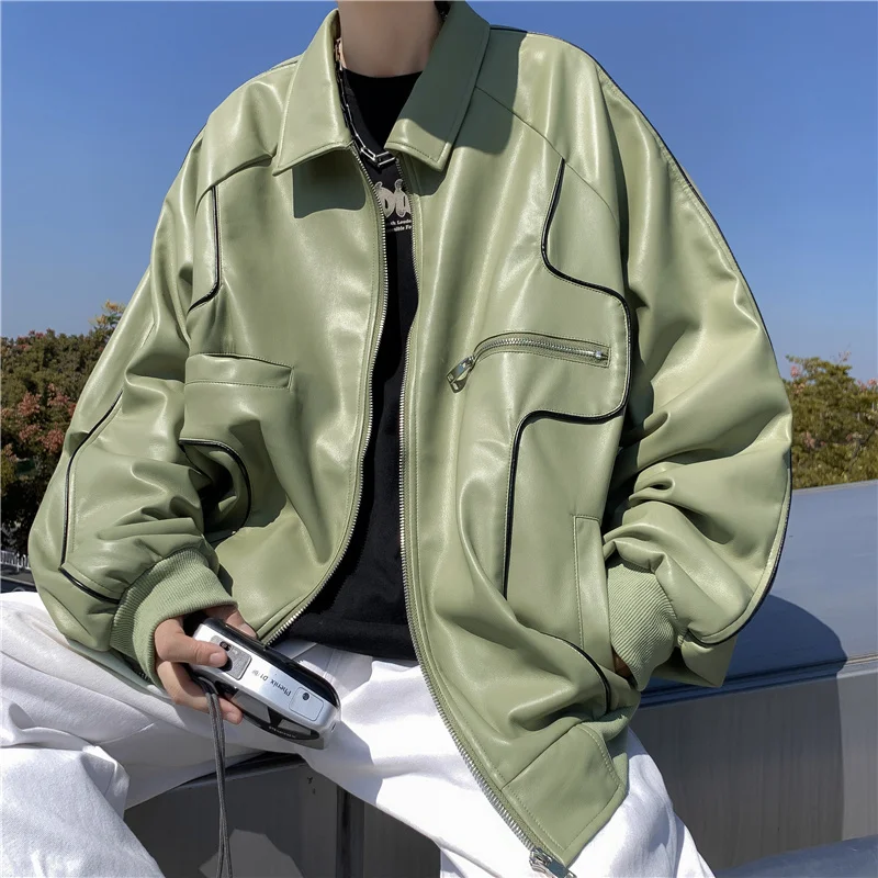 

Men's Motorcycle PU Leather Jacket Spring Autumn New Loose Casual Baseball Uniform Zipper Pockets Turndown Collar Coat Jackets