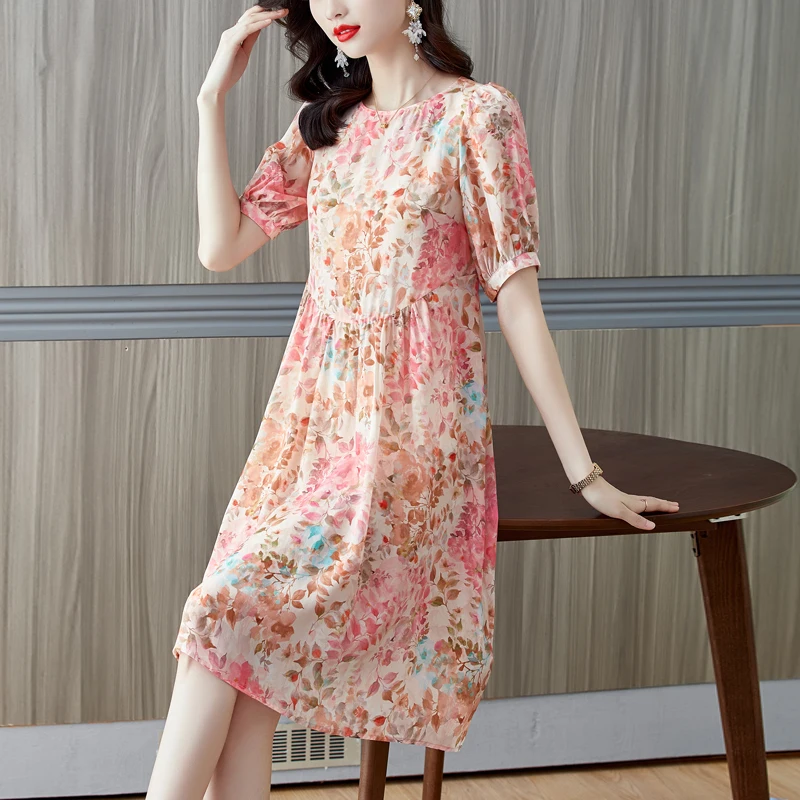 ZUOMAN Summer  Pink Floral Silk  Midi Dress Vintage Elegant 4XL Size Women Long Dress Bodycon Party Vestido