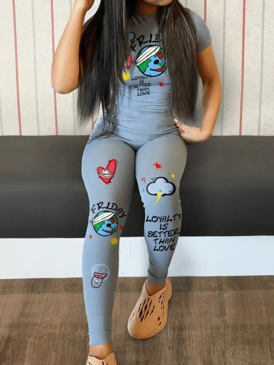 Two Piece Sets Womens Outfits Round Neck High Stretch Short Sleeve Letter Print Skinny Patchwork Pencil Pants Set
