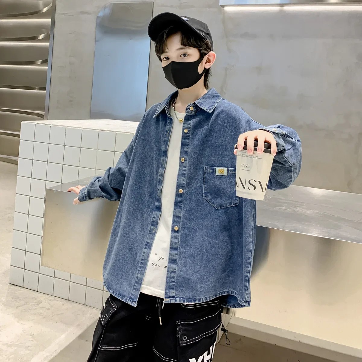 Boys' Denim Shirt Slim Fit Collared Jacket Spring Autumn Wear Kids' Fashionable Cool Street Style Upper Apparel