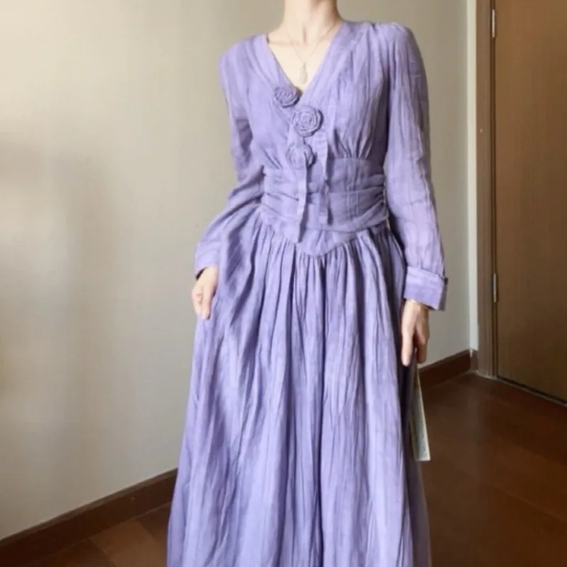 

Purple V-neck Long Sleeve Dress Women's Spring Rose Dress
