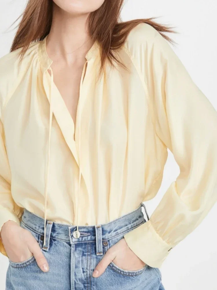

Spring and Summer Round Neck Goose Yellow Loose Lace Silk Women Casual Long-sleeved Shirt New