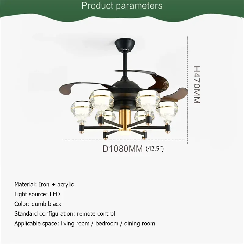 GISELLE Ceiling Fan With LED Light Black Remote Control 220V 110V Home Decorative For Living Room Bedroom Restaurant