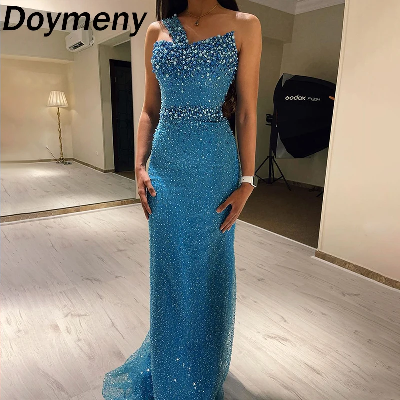 

Doymeny Luxury Prom Dresses Beaded Sequin One Shoulder Pearls Mermaid Cocktail Evening Party Gowns vestido de Gala فساتين السهرة