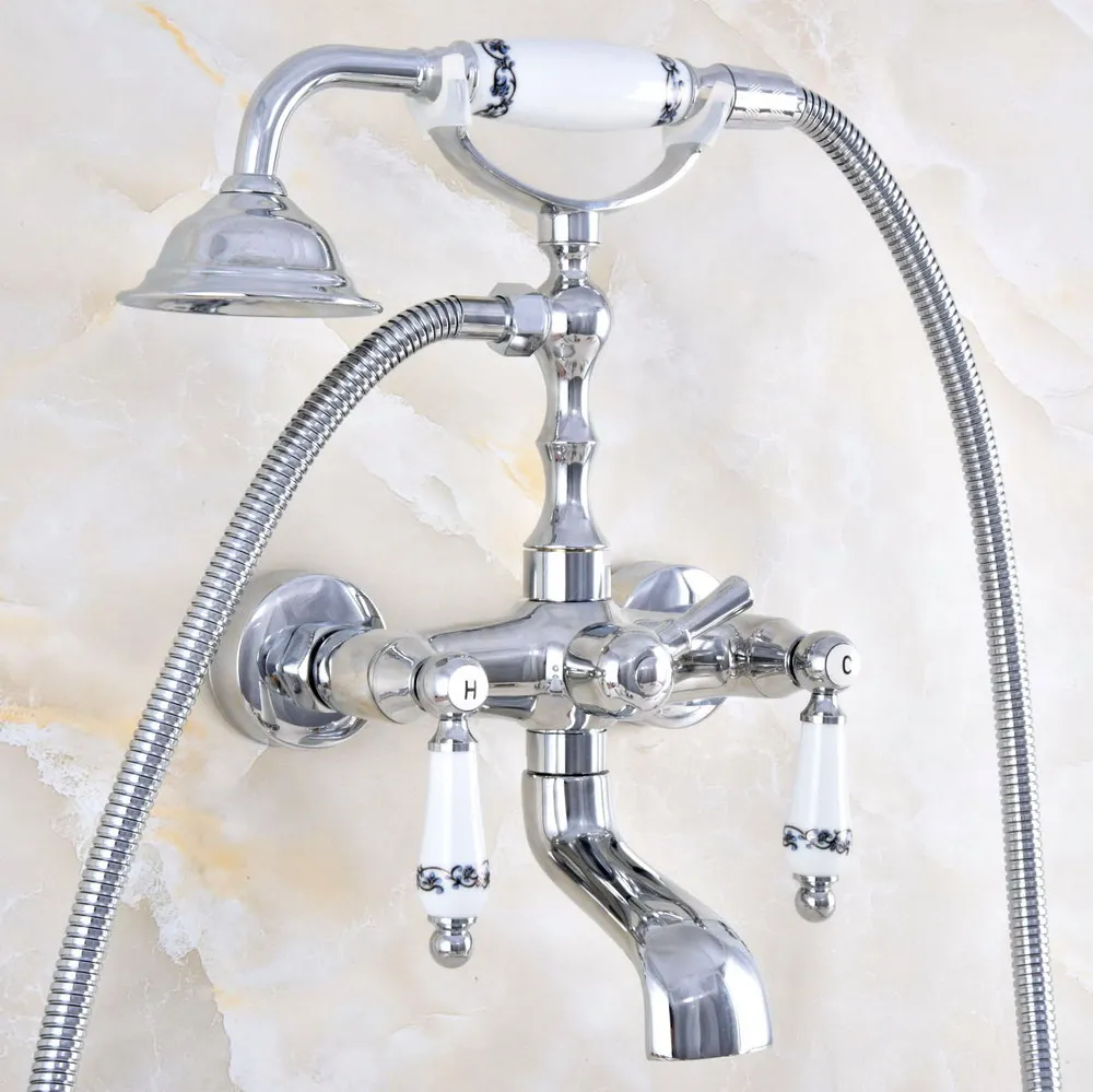 

Polished Chrome Bathroom Dual Ceramic Handles Bathtub Mixer Faucet Clawfoot Tub Mixer Tap with Handshower