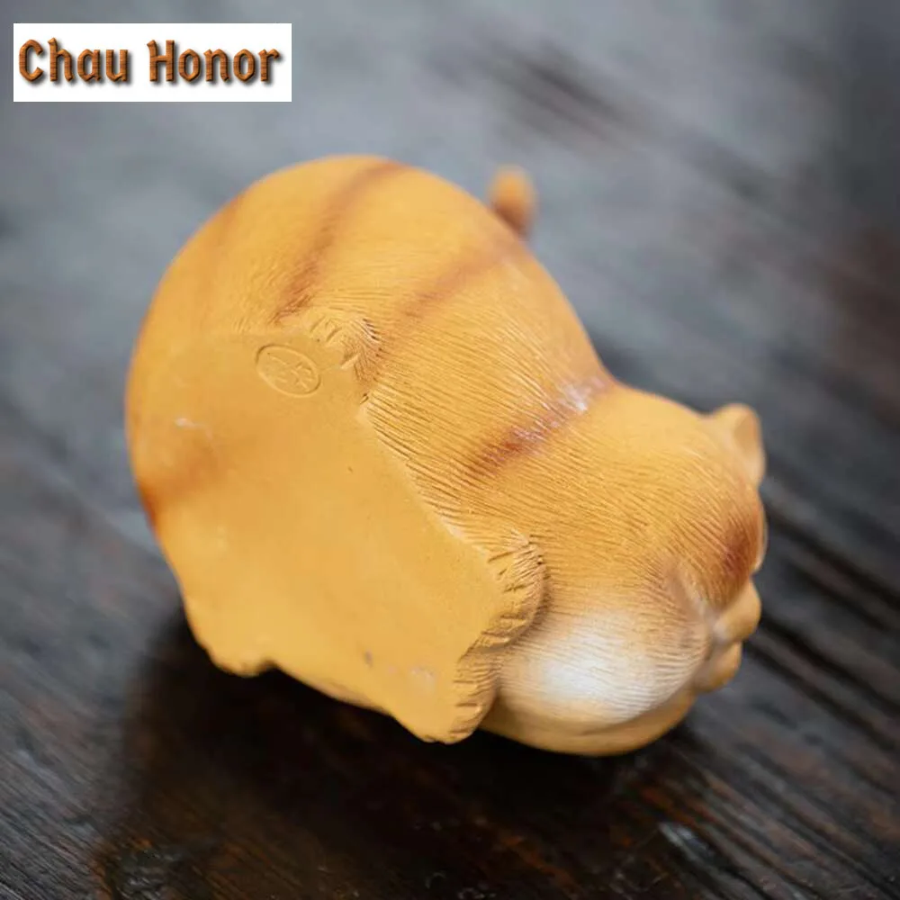 Yixing Purple Clay Tea Pet Handmade Orange Cat Statue Ornaments Tea Figurine Chinese Tiger Zisha Sculpture Tea Set Decoration