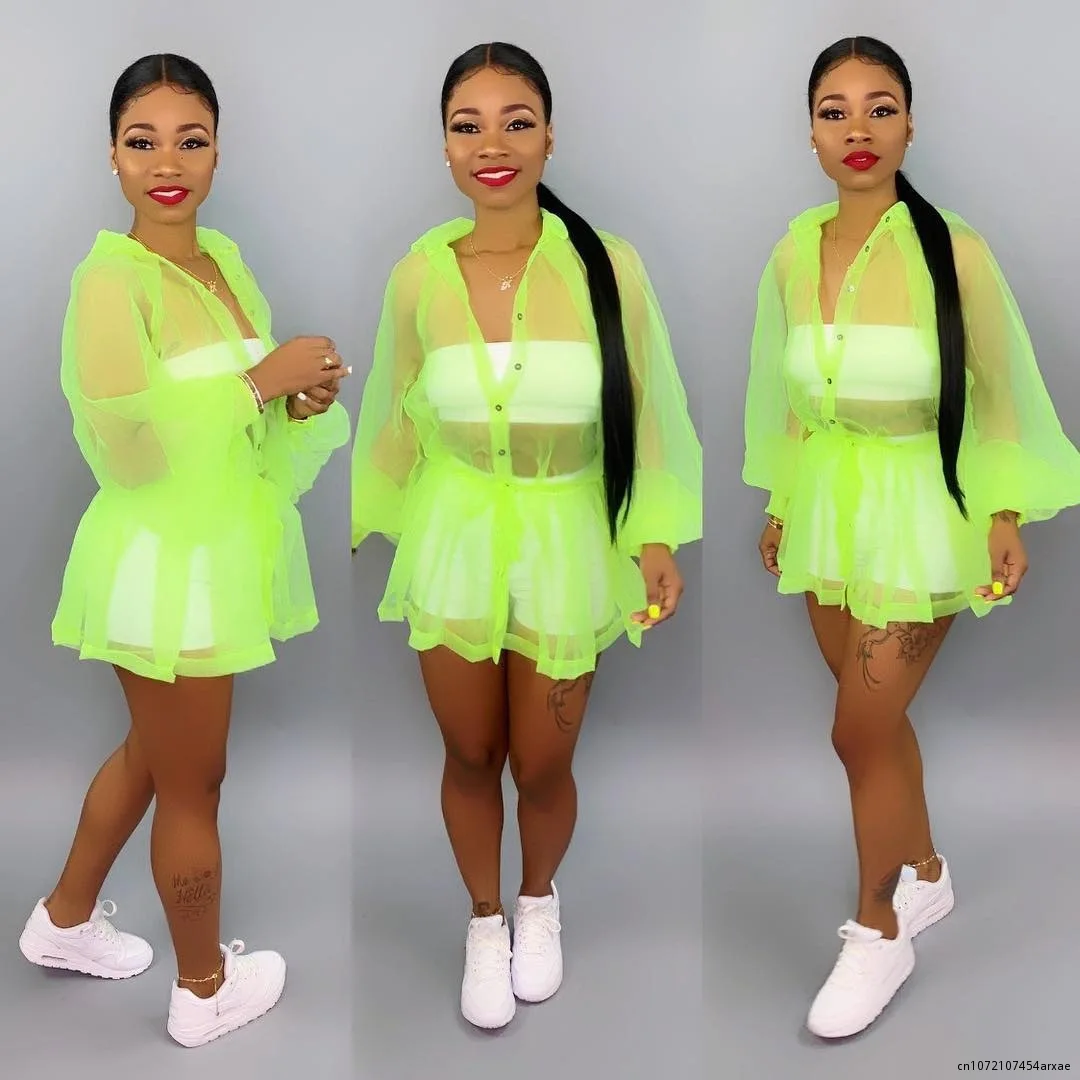 

Women Sexy Mesh See Though Lantern Long Sleeve Ruffles Hem Above Knee Mini Dress Beach Cloak Active Wear Dresses 2 Color