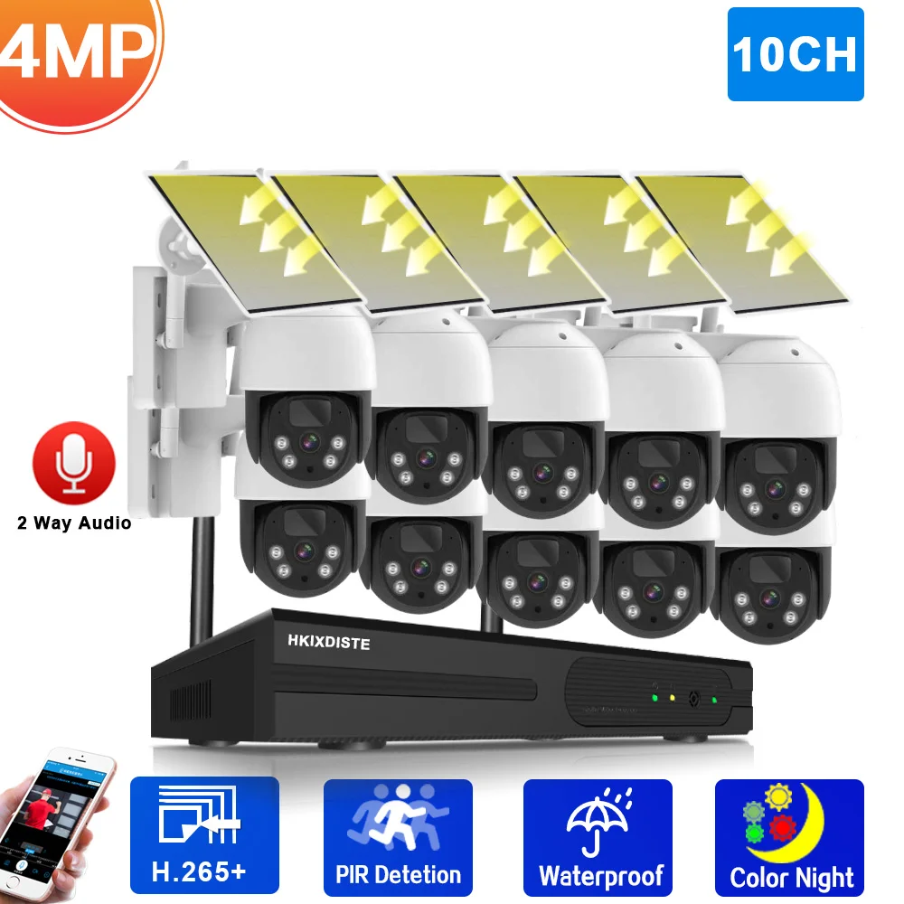 

4MP Lower Consumption Solar Wifi Color night vision Outdoor Security PTZ Camera System 2 way audio 10CH 5MP Wireless NVR Kit 4CH