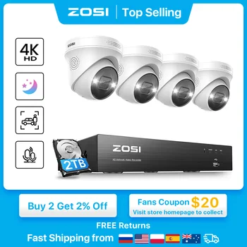 ZOSI-4K PoE 비디오 감시 카메라 시스템 8CH 확장 16CH NVR 키트, 2 방향 오디오 출력/실내 8MP/5MP IP 카메라 CCTV 보안 세트