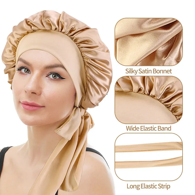 New Large Satin Bonnet Silk Night Sleeping Cap Long With Head Tie Band Edge Wrap For Women Curly Braid Hair 3