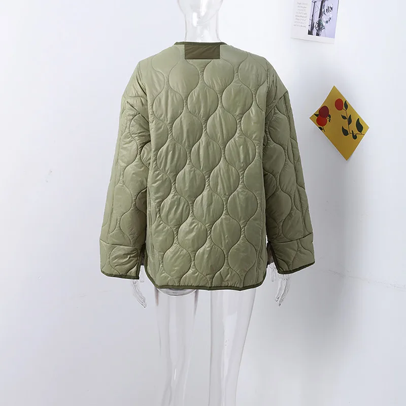 Description Picture 4 of itemSolid Quilted Jackets Women 2025 Autumn Fashion O-neck Single Breasted Pocket Coats Female Long Sleeve Casual Lady Chic Outerwea