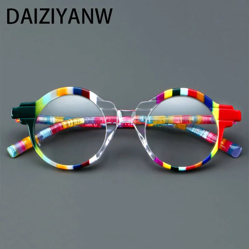 

Vintage Color Stripes Stitching Acetate Eyeglass Frames Women Men Fashion Round Spectacles Frame Trend Myopia Glasses