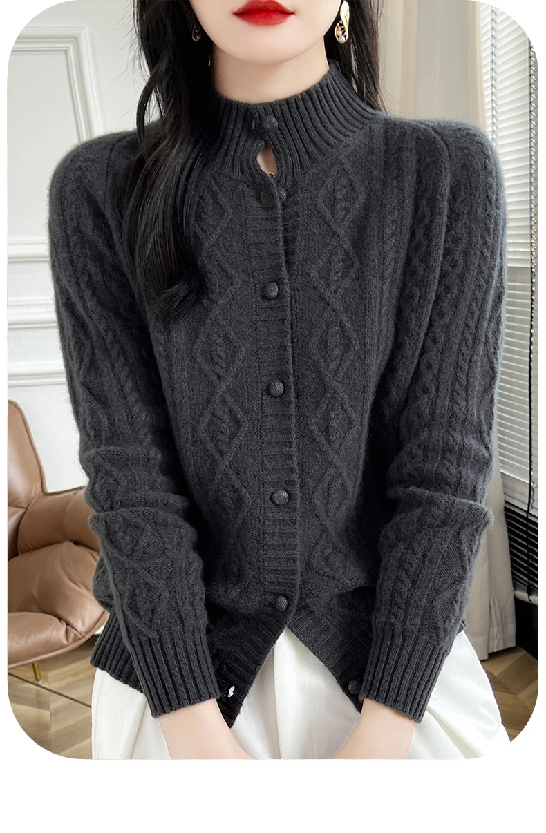 100% Wool Cashmere Cardigan Autumn Winter New Half High Collar Twist Coat High-End Knitwear Sweater Shirt Loose Women Thick Tops