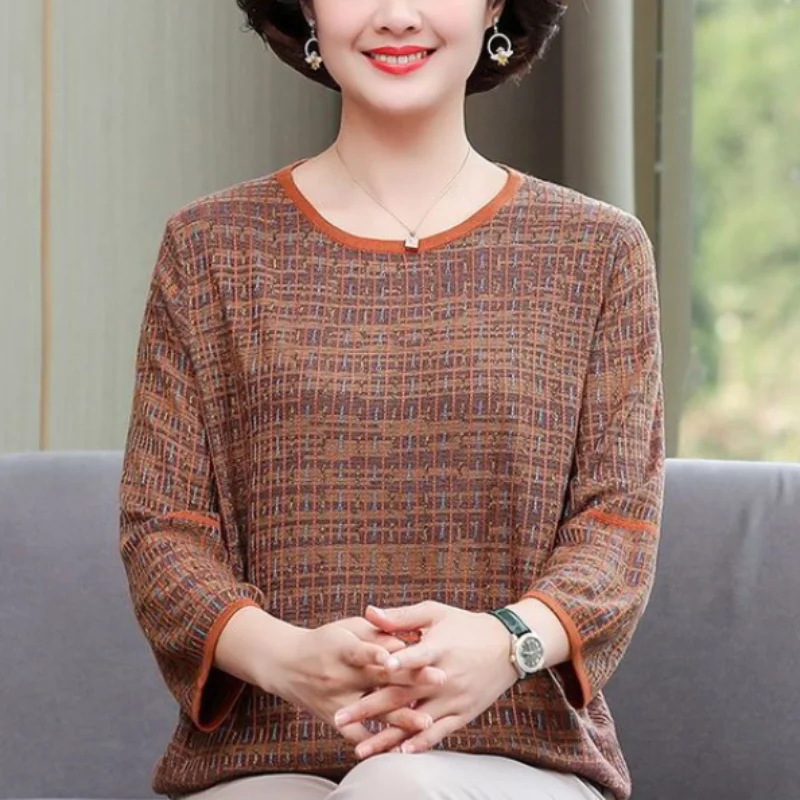 Temperament Versatile Commuter Women's Clothing 2023 Autumn and Winter New Stripe Print Round Neck 3/4 Sleeve Commuter Pullover