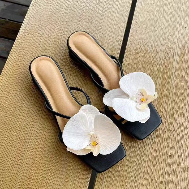 Brand Shoes Female 2025 Summer New Elegant Flowers Design Women's Slippers Casual Fashionable Outer Wear High Heel Slides Women — view 4