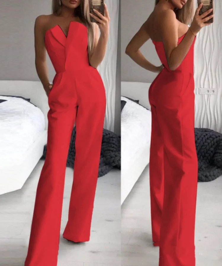 

BKLD 2024 New Spring Summer Solid Color Fashion Patchwork Slim Fit One Pieces Sleeveless Strapless Off The Shoulder Jumpsuits