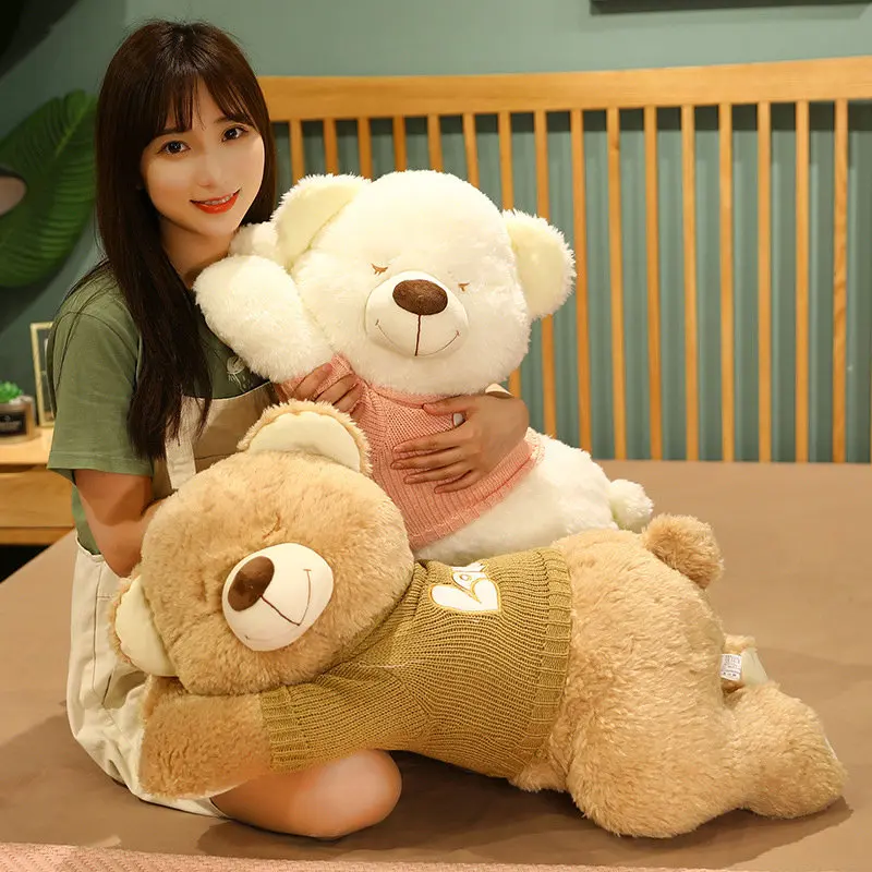 

80/100CM Giant Size Lying Teddy Plush Toys Soft Sweater Bear Plush Pillow Stuffed Animal Dolls Boys Girls Birthday Xmas Gift