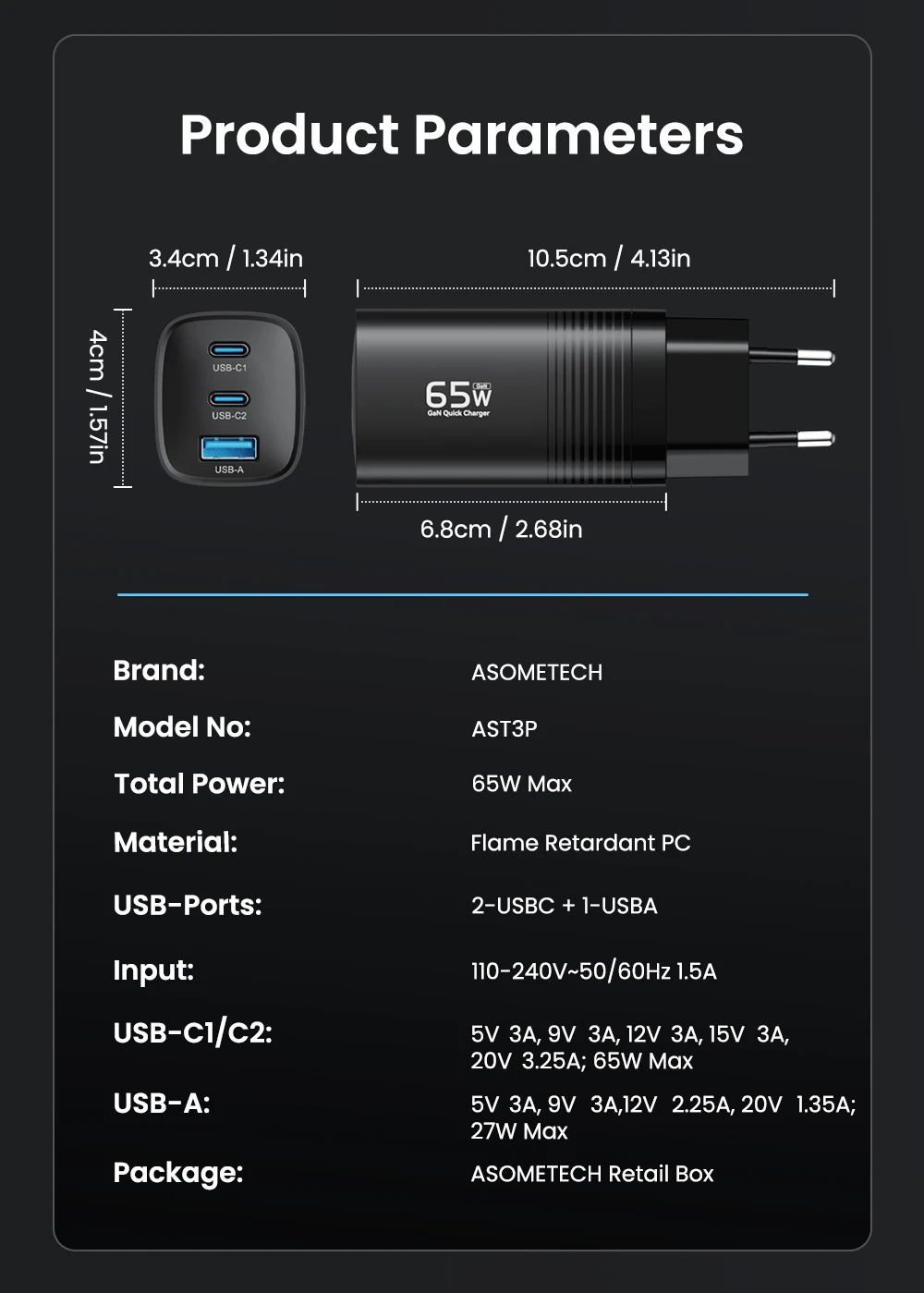 Asome tech gan usb typ c ladegerät 65w 45w pps pd qc 4,0 schnell ladegerät für macbook laptop ipad tablet iphone 14 samsung s23 ultra – Detail 15