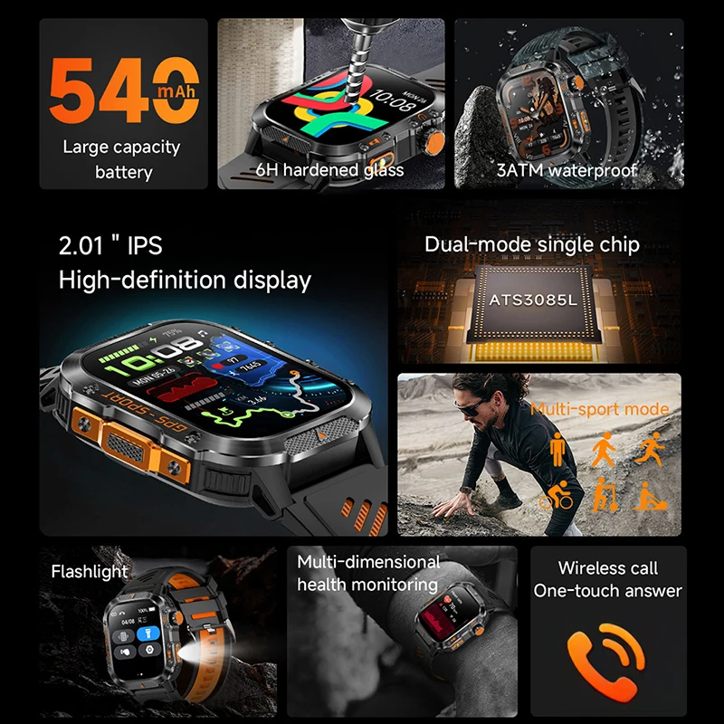 Military Smart Watch Men Health Monitor 3ATM Waterproof Outdoor Sport Tracker BT Voice Call Smartwatch 2025 New For Android IOS