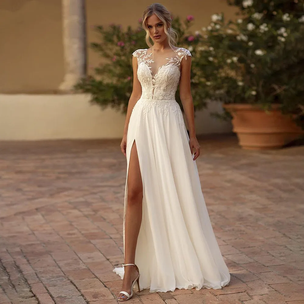 

Elegant Boho Lace Wedding Dresses 2024 Chiffon O-Neck Illusion Back Beach Side Split Applique Bridal Party Gown Vestidos De Novi